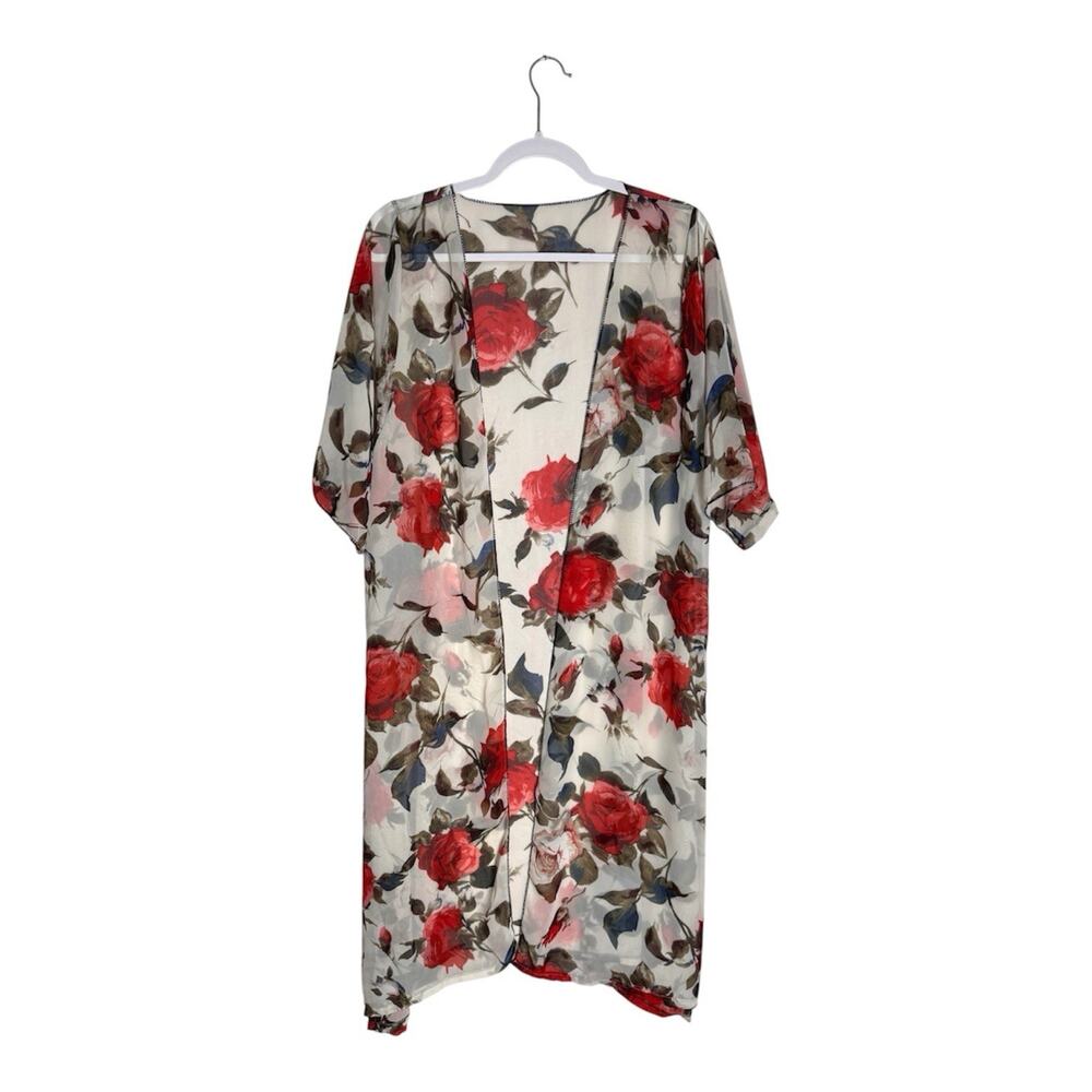 Floral Rose Print Kimono Cardigan Duster Cover Up Boho Romantic Sheer One Size